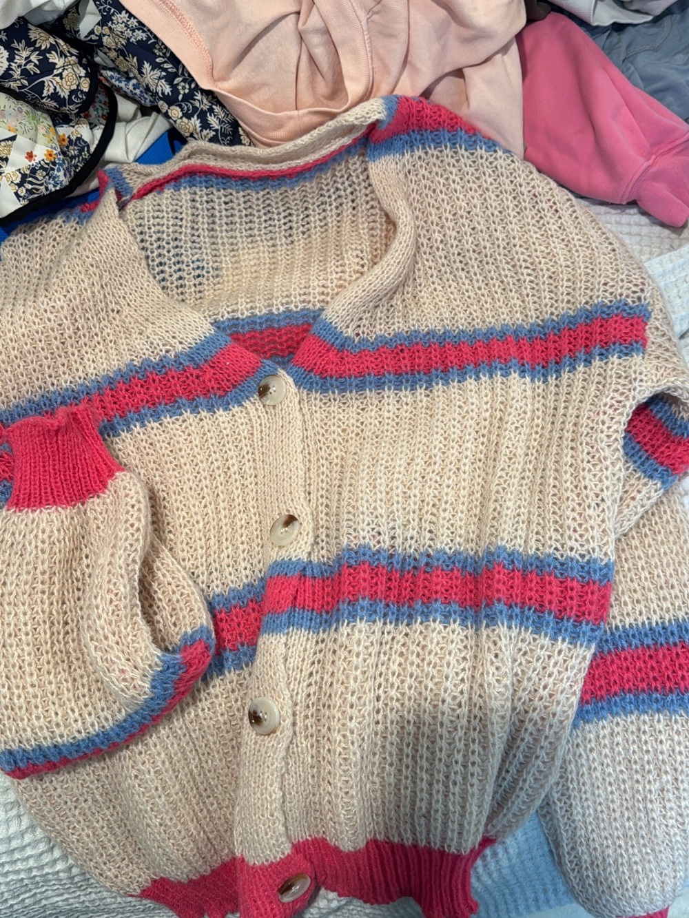 Cozy Striped Button-Up Cardigan Sweater - Pink & Blue on Cream